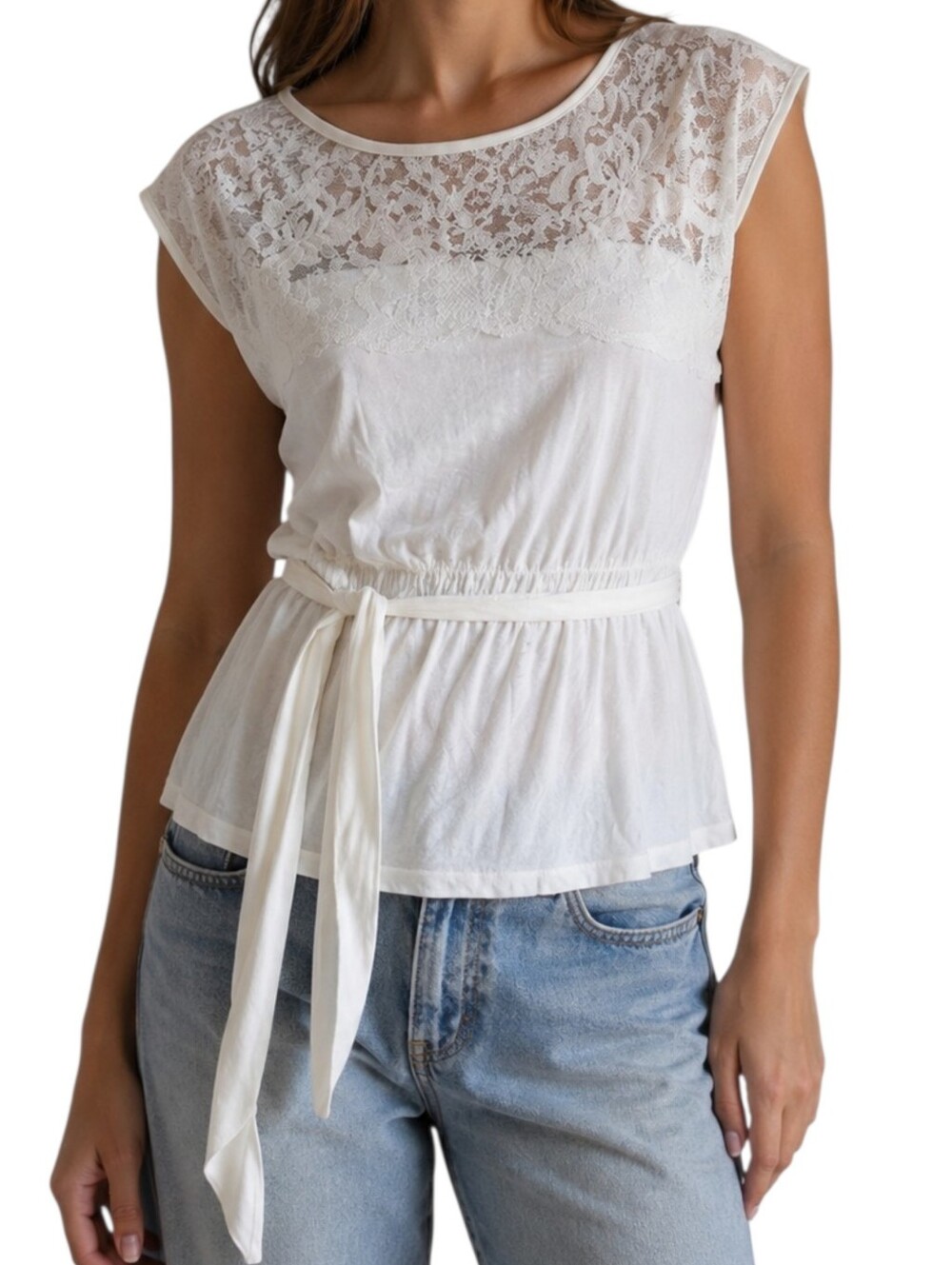 Smart Set Lace Yoke Babydoll Top Women Medium White Tie Waist Fairy Dainty Boho
